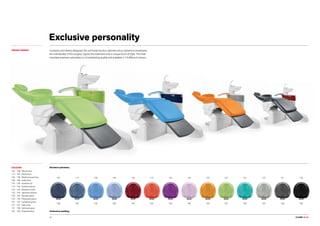 102 113 106 136 135 115 132 134 103 137 121 130
198 186196183 194 192 184195 180199187
123
197
101
193182
102	
113	
106	
136	
135	
115	
132	
134	
103	
123	
101	
137	
121	
130	
36 CLASSE L9 L6.
COLOURS Standard upholstery
Anatomical padding
Exclusive personality
UNIQUE DESIGN Compact and cleanly designed, the unit body has four optional colour variants to emphasise
the individuality of the surgery. It gives the treatment area a unique touch of style. The heat-
moulded seamless upholstery is of outstanding quality and available in 14 different colours.
198	 Atlantic blue
183	 Pacific blue
196	 Mediterranean blue
186	 Indian blue
194	 Venetian red
195	 Scottish salmon
192	 Blueberry violet
184	 Japanese wisteria
182	 Nevada yellow
193	 Polynesian green
197	 Caribbean green
187	 Satin silver
199	 Anthracite grey
180	 Graphite black
 