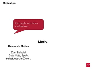Und es gibt zwei Arten
von Motiven:
Motivation
Motiv
Bewusste Motive
Zum Beispiel
Gute Note, Spaß,
selbstgesetzte Ziele...
 