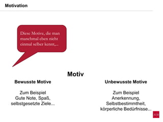 Motiv
Unbewusste Motive
Zum Beispiel
Anerkennung,
Selbstbestimmtheit,
körperliche Bedürfnisse...
Bewusste Motive
Zum Beispiel
Gute Note, Spaß,
selbstgesetzte Ziele...
Motivation
Diese Motive, die man
manchmal eben nicht
einmal selber kennt,...
 