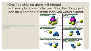 ◦One free chlorine atom, will interact
with multiple ozone molecules. Thus, the damage it
can do is perhaps far more than you would expect.
11
https://www.youtube.com/watch?v=IniJ
x-vRHG0
 