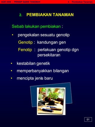 • AGR 3506  :  PRINSIP SAINS TANAMAN   2.  Pembiakan Tanaman 01 2.  PEMBIAKAN TANAMAN Sebab lakukan pembiakan  :  Genotip  :  kandungan gen Fenotip   :  perlakuan genotip dgn persekitaran •   pengekalan sesuatu genotip •   kestabilan genetik •   memperbanyakkan bilangan •   mencipta jenis baru 
