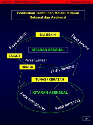 AGR 3506  :  PRINSIP SAINS TANAMAN   2.  Pembiakan Tanaman 06 Pembiakan Tumbuhan Melalui Kitaran Seksual dan Aseksual KITARAN SEKSUAL KITARAN ASEKSUAL BIJI BENIH ZAIGOT BUNGA Persenyawaan Fasa embrio Fasa juvana Fasa dewasa TUNAS / KERATAN Fasa tampang Fasa mengawan - - - - - - - - - - -  