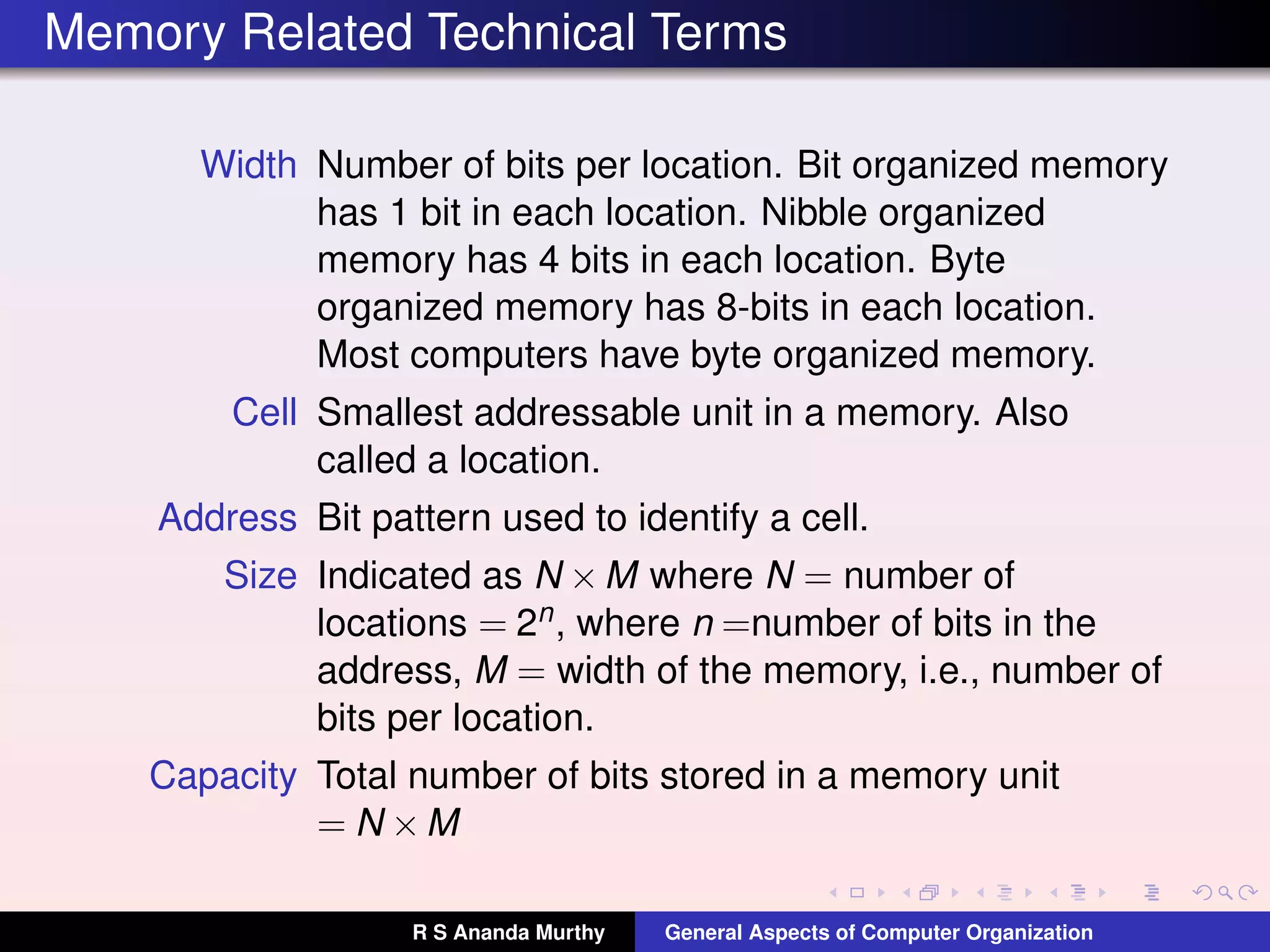 Memory Related Technical Terms
Width Number of bits per location. Bit organized memory
has 1 bit in each location. Nibble organized
memory has 4 bits in each location. Byte
organized memory has 8-bits in each location.
Most computers have byte organized memory.
Cell Smallest addressable unit in a memory. Also
called a location.
Address Bit pattern used to identify a cell.
Size Indicated as N ×M where N = number of
locations = 2n, where n =number of bits in the
address, M = width of the memory, i.e., number of
bits per location.
Capacity Total number of bits stored in a memory unit
= N ×M
R S Ananda Murthy General Aspects of Computer Organization
 