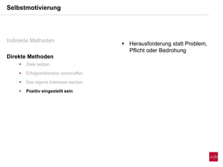 Selbstmotivierung
Indirekte Methoden
Direkte Methoden
 Ziele setzen
 Erfolgserlebnisse verschaffen
 Das eigene Interesse wecken
 Positiv eingestellt sein
 Herausforderung statt Problem,
Pflicht oder Bedrohung
 