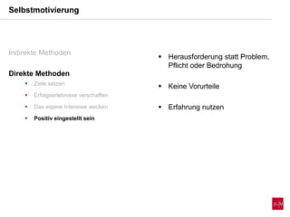 Selbstmotivierung
Indirekte Methoden
Direkte Methoden
 Ziele setzen
 Erfolgserlebnisse verschaffen
 Das eigene Interesse wecken
 Positiv eingestellt sein
 Herausforderung statt Problem,
Pflicht oder Bedrohung
 Keine Vorurteile
 Erfahrung nutzen
 