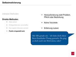 Selbstmotivierung
Indirekte Methoden
Direkte Methoden
 Ziele setzen
 Erfolgserlebnisse verschaffen
 Das eigene Interesse wecken
 Positiv eingestellt sein
 Herausforderung statt Problem,
Pflicht oder Bedrohung
 Keine Vorurteile
 Erfahrung nutzen
Mir fällt gerade ein - ich habe doch diese
Bein-Hochhalte-Übung gemacht. Da ging
es doch auch um Motivation, oder?
 