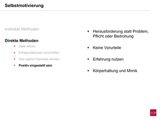 Selbstmotivierung
Indirekte Methoden
Direkte Methoden
 Ziele setzen
 Erfolgserlebnisse verschaffen
 Das eigene Interesse wecken
 Positiv eingestellt sein
 Herausforderung statt Problem,
Pflicht oder Bedrohung
 Keine Vorurteile
 Erfahrung nutzen
 Körperhaltung und Mimik
 