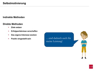 Selbstmotivierung
Indirekte Methoden
Direkte Methoden
 Ziele setzen
 Erfolgserlebnisse verschaffen
 Das eigene Interesse wecken
 Positiv eingestellt sein …und dadurch auch für
meine Leistung!
 