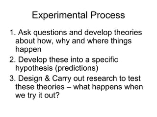 Experimental Process
1. Ask questions and develop theories
  about how, why and where things
  happen
2. Develop these into a specific
  hypothesis (predictions)
3. Design & Carry out research to test
  these theories – what happens when
  we try it out?
 