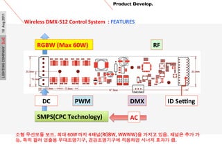 LIGHTINGCOMPANY[L6]18Aug2011 Product Develop.	

Wireless	
 ?DMX-?\512	
 ?Control	
 ?System	
 ?	
 ?:	
 ?FEATURES	
 ?
	
 ?
?? ???? ??. ?? 60W?? 4??(RGBW, WWWW)? ??? ??. ??? ?? ?
?. ?? ?? ??? ??????, ??????? ???? ??? ??? ?. ?
ID	
 ?Seing	
 ?PWM	
 ? DMX	
 ?	
 ?
RF	
 ?
DC	
 ?
RGBW	
 ?(Max	
 ?60W)	
 ?
SMPS(CPC	
 ?Technology)	
 ? AC	
 ?
 