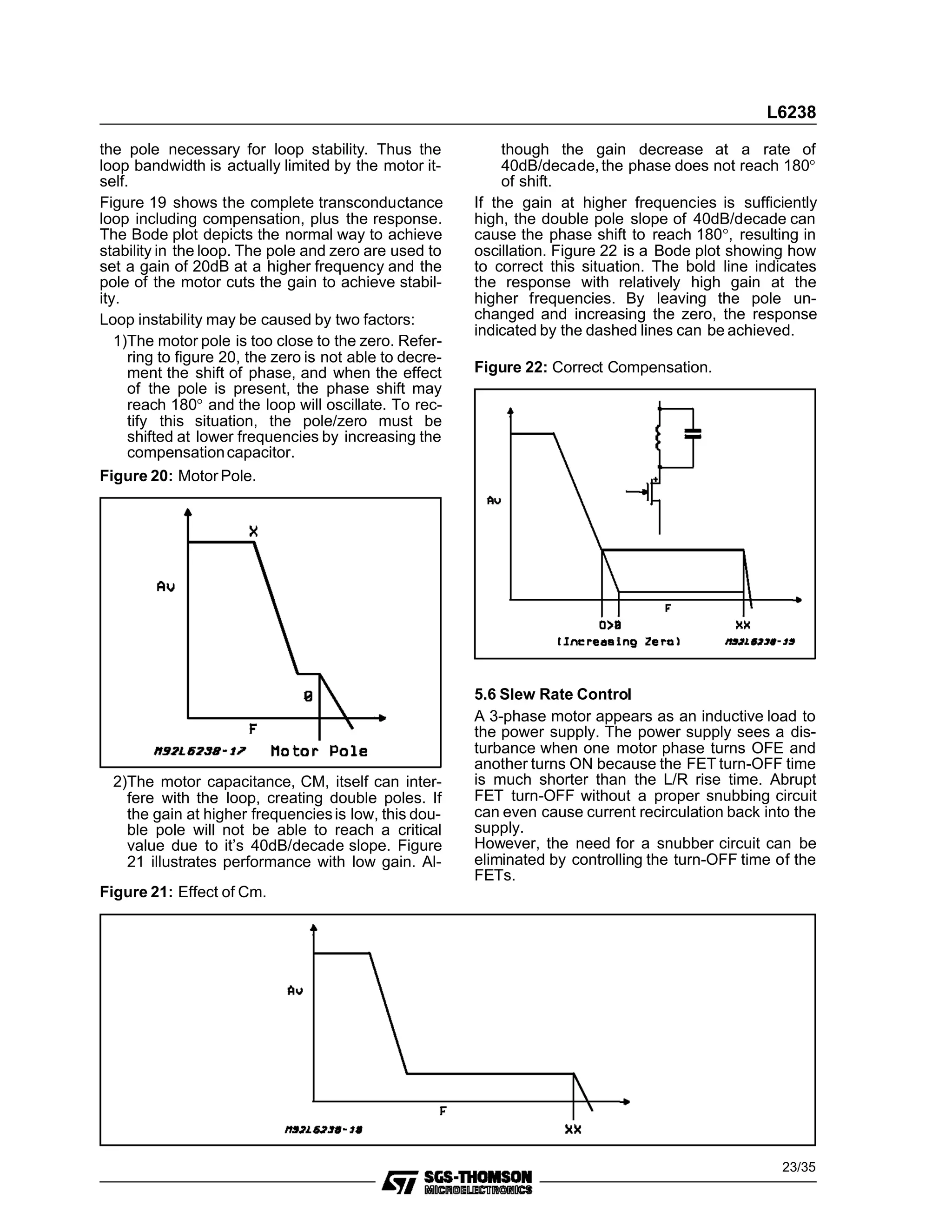 the pole necessary for loop stability. Thus the
loop bandwidth is actually limited by the motor it-
self.
Figure 19 shows the complete transconductance
loop including compensation, plus the response.
The Bode plot depicts the normal way to achieve
stability in the loop. The pole and zero are used to
set a gain of 20dB at a higher frequency and the
pole of the motor cuts the gain to achieve stabil-
ity.
Loop instability may be caused by two factors:
1)The motor pole is too close to the zero. Refer-
ring to figure 20, the zero is not able to decre-
ment the shift of phase, and when the effect
of the pole is present, the phase shift may
reach 180° and the loop will oscillate. To rec-
tify this situation, the pole/zero must be
shifted at lower frequencies by increasing the
compensationcapacitor.
2)The motor capacitance, CM, itself can inter-
fere with the loop, creating double poles. If
the gain at higher frequenciesis low, this dou-
ble pole will not be able to reach a critical
value due to it’s 40dB/decade slope. Figure
21 illustrates performance with low gain. Al-
though the gain decrease at a rate of
40dB/decade,the phase does not reach 180°
of shift.
If the gain at higher frequencies is sufficiently
high, the double pole slope of 40dB/decade can
cause the phase shift to reach 180°, resulting in
oscillation. Figure 22 is a Bode plot showing how
to correct this situation. The bold line indicates
the response with relatively high gain at the
higher frequencies. By leaving the pole un-
changed and increasing the zero, the response
indicated by the dashed lines can be achieved.
5.6 Slew Rate Control
A 3-phase motor appears as an inductive load to
the power supply. The power supply sees a dis-
turbance when one motor phase turns OFE and
another turns ON because the FET turn-OFF time
is much shorter than the L/R rise time. Abrupt
FET turn-OFF without a proper snubbing circuit
can even cause current recirculation back into the
supply.
However, the need for a snubber circuit can be
eliminated by controlling the turn-OFF time of the
FETs.
Figure 20: Motor Pole.
Figure 21: Effect of Cm.
Figure 22: Correct Compensation.
L6238
23/35
 
