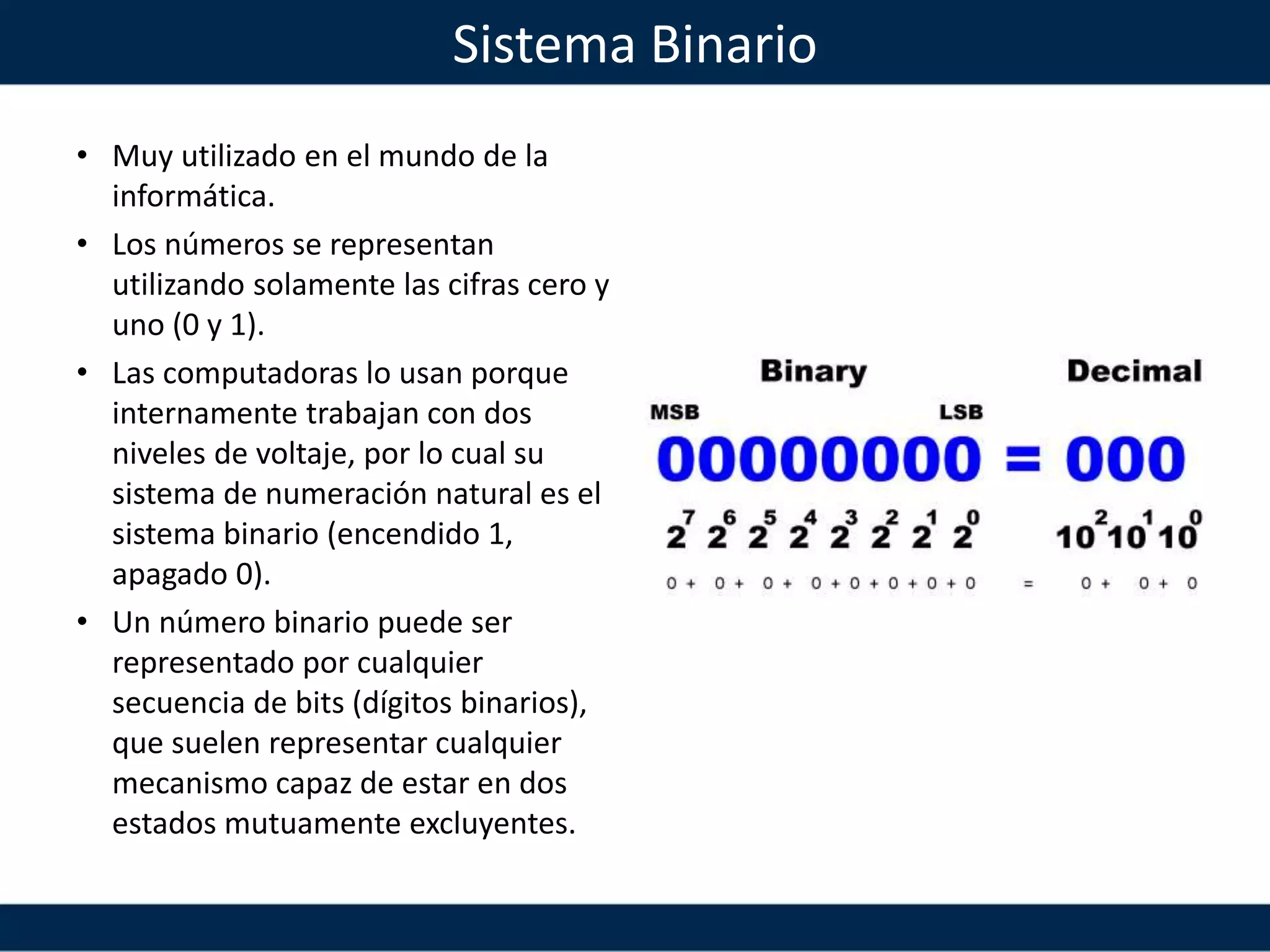 Sistema Binario
• Muy utilizado en el mundo de la
informática.
• Los números se representan
utilizando solamente las cifras cero y
uno (0 y 1).
• Las computadoras lo usan porque
internamente trabajan con dos
niveles de voltaje, por lo cual su
sistema de numeración natural es el
sistema binario (encendido 1,
apagado 0).
• Un número binario puede ser
representado por cualquier
secuencia de bits (dígitos binarios),
que suelen representar cualquier
mecanismo capaz de estar en dos
estados mutuamente excluyentes.
 