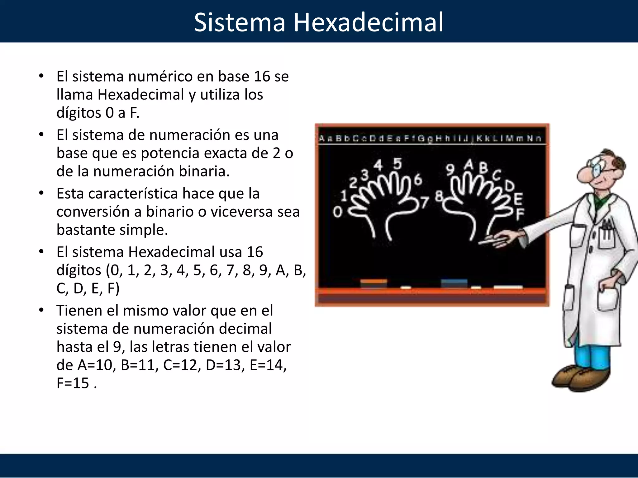 Sistema Hexadecimal
• El sistema numérico en base 16 se
llama Hexadecimal y utiliza los
dígitos 0 a F.
• El sistema de numeración es una
base que es potencia exacta de 2 o
de la numeración binaria.
• Esta característica hace que la
conversión a binario o viceversa sea
bastante simple.
• El sistema Hexadecimal usa 16
dígitos (0, 1, 2, 3, 4, 5, 6, 7, 8, 9, A, B,
C, D, E, F)
• Tienen el mismo valor que en el
sistema de numeración decimal
hasta el 9, las letras tienen el valor
de A=10, B=11, C=12, D=13, E=14,
F=15 .
 