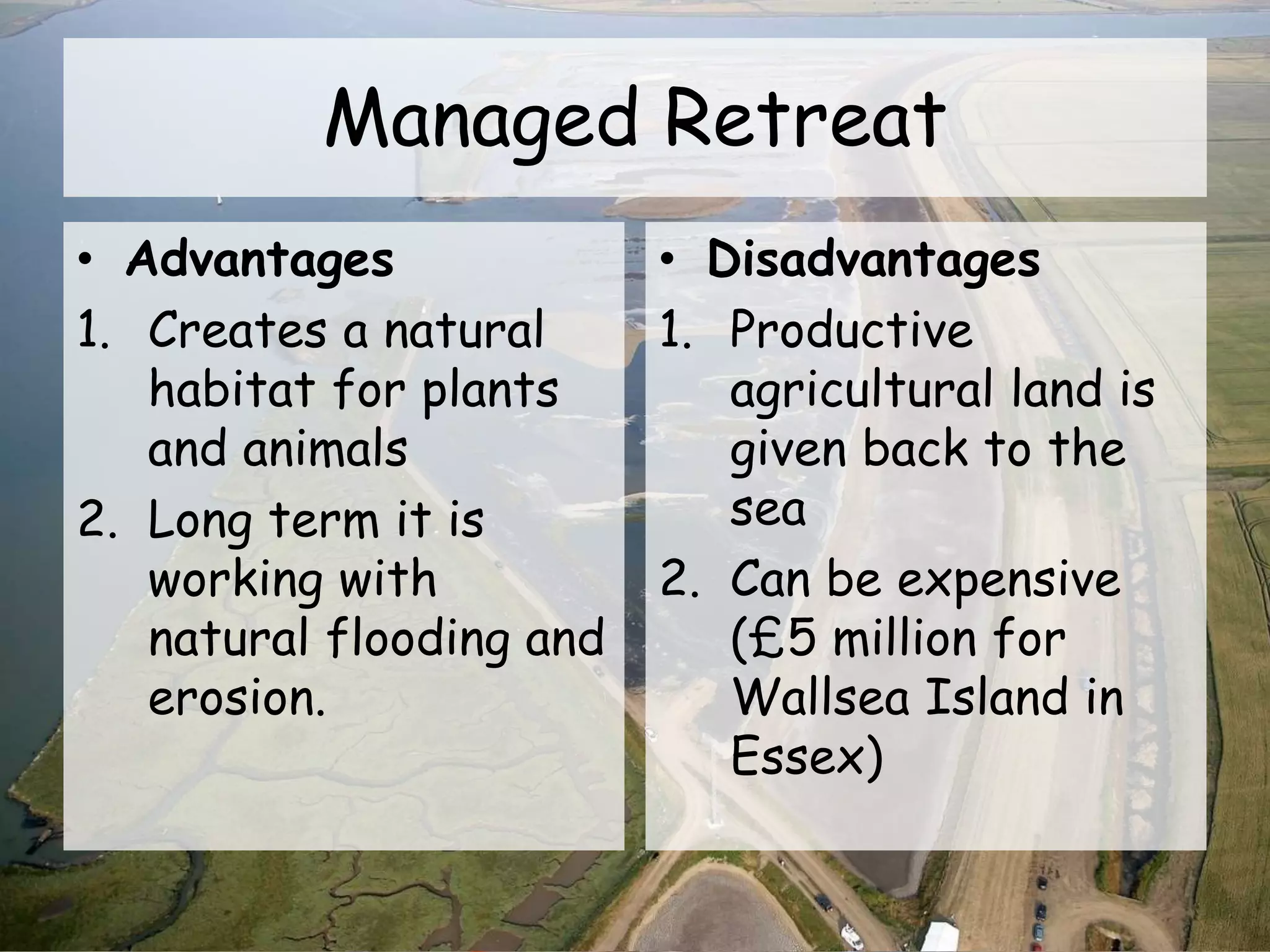 Managed Retreat
• Advantages
1. Creates a natural
habitat for plants
and animals
2. Long term it is
working with
natural flooding and
erosion.
• Disadvantages
1. Productive
agricultural land is
given back to the
sea
2. Can be expensive
(£5 million for
Wallsea Island in
Essex)
 