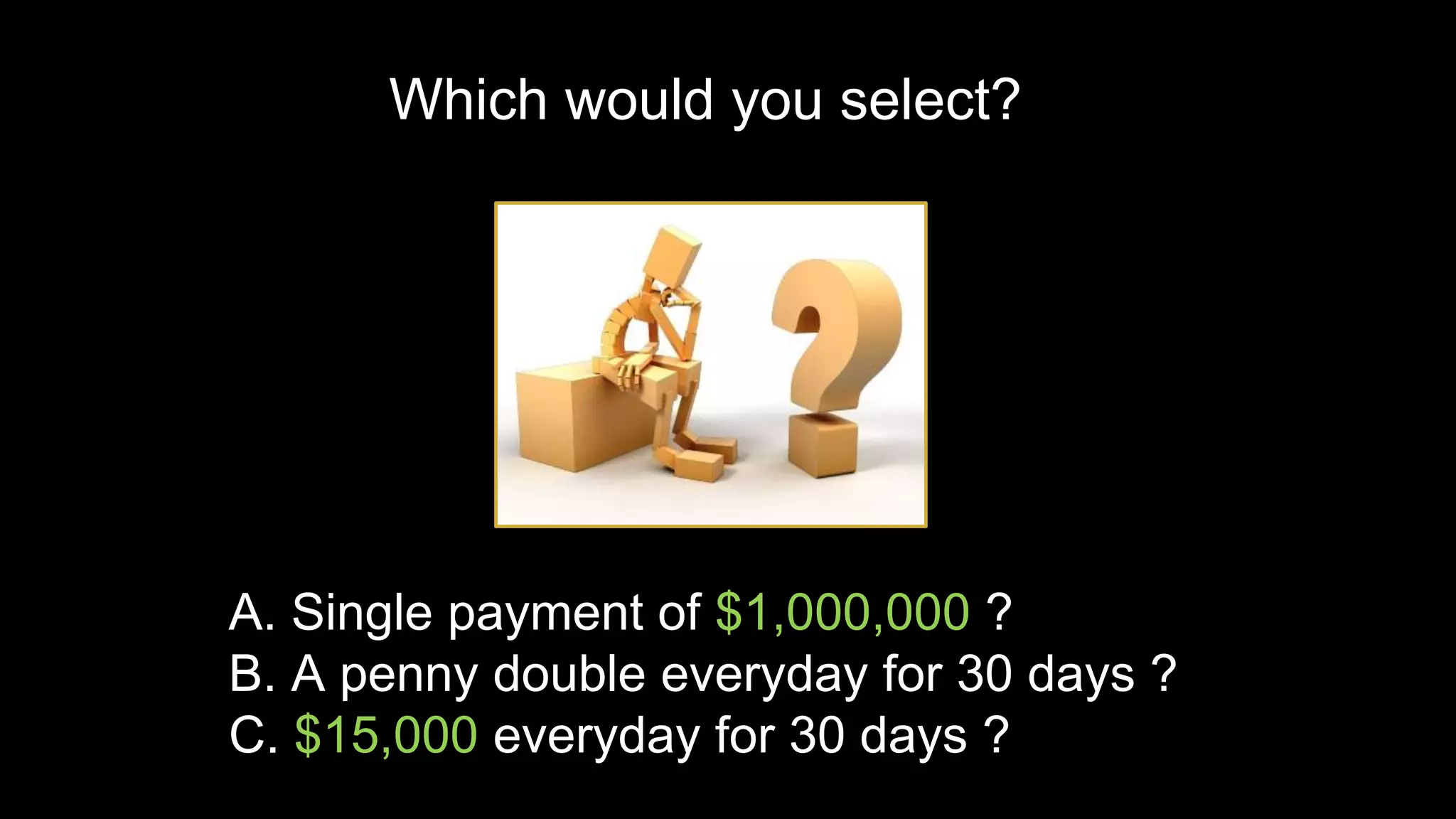 A. Single payment of $1,000,000 ?
B. A penny double everyday for 30 days ?
C. $15,000 everyday for 30 days ?
Which would you select?
 