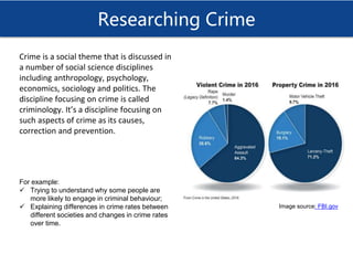Researching Crime
Crime is a social theme that is discussed in
a number of social science disciplines
including anthropology, psychology,
economics, sociology and politics. The
discipline focusing on crime is called
criminology. It’s a discipline focusing on
such aspects of crime as its causes,
correction and prevention.
For example:
 Trying to understand why some people are
more likely to engage in criminal behaviour;
 Explaining differences in crime rates between
different societies and changes in crime rates
over time.
Image source: FBI.gov
 