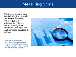 Measuring Crime
Most common data used
in criminological research
are official statistics,
which is typically
collected by ...