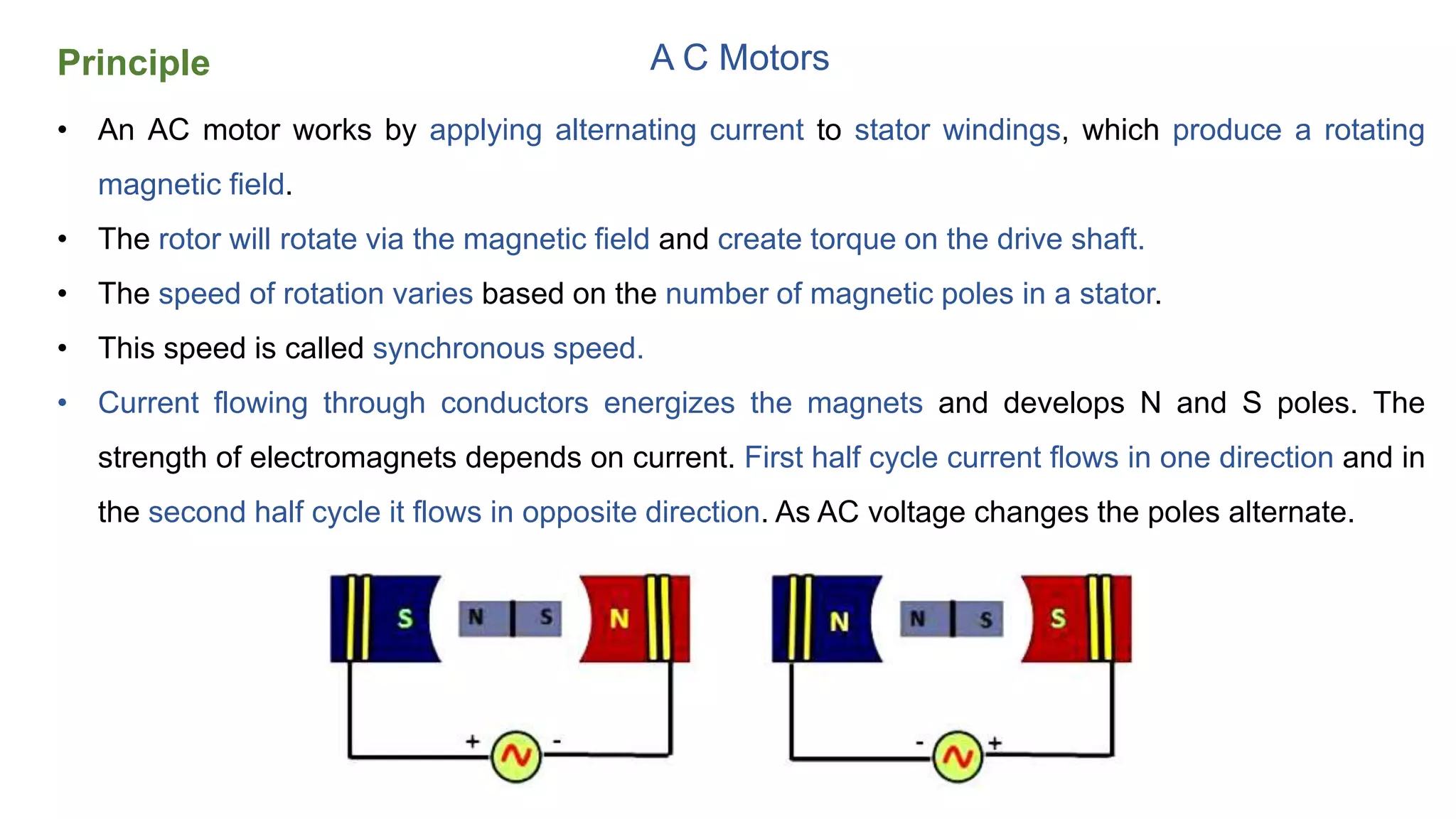 Principle A C Motors
• An AC motor works by applying alternating current to stator windings, which produce a rotating
magnetic field.
• The rotor will rotate via the magnetic field and create torque on the drive shaft.
• The speed of rotation varies based on the number of magnetic poles in a stator.
• This speed is called synchronous speed.
• Current flowing through conductors energizes the magnets and develops N and S poles. The
strength of electromagnets depends on current. First half cycle current flows in one direction and in
the second half cycle it flows in opposite direction. As AC voltage changes the poles alternate.
 