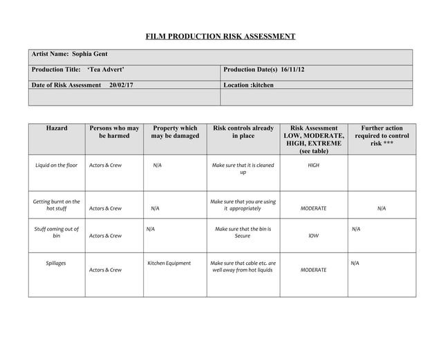 L6g film production risk assessment form (example and template) | PPT