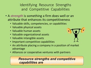 • A strength is something a firm does well or an
attribute that enhances its competitiveness
• Valuable skills, competencies, or capabilities
• Valuable physical assets
• Valuable human assets
• Valuable organizational assets
• Valuable intangible assets
• Important competitive capabilities
• An attribute placing a company in a position of market
advantage
• Alliances or cooperative ventures with partners
Resource strengths and competitive
capabilities are competitive assets!
Identifying Resource Strengths
and Competitive Capabilities
 