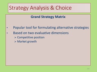 110
Strategy Analysis & Choice
Grand Strategy Matrix
• Popular tool for formulating alternative strategies
• Based on two evaluative dimensions
 Competitive position
 Market growth
 