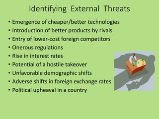 Identifying External Threats
• Emergence of cheaper/better technologies
• Introduction of better products by rivals
• Entry of lower-cost foreign competitors
• Onerous regulations
• Rise in interest rates
• Potential of a hostile takeover
• Unfavorable demographic shifts
• Adverse shifts in foreign exchange rates
• Political upheaval in a country
 