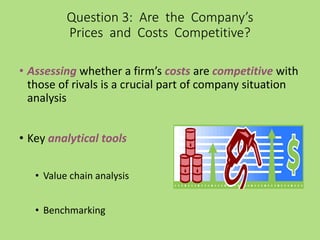 • Assessing whether a firm’s costs are competitive with
those of rivals is a crucial part of company situation
analysis
• Key analytical tools
• Value chain analysis
• Benchmarking
Question 3: Are the Company’s
Prices and Costs Competitive?
 
