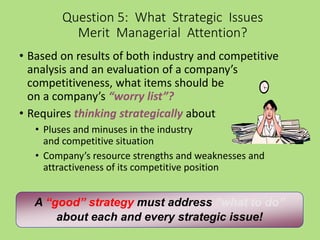 • Based on results of both industry and competitive
analysis and an evaluation of a company’s
competitiveness, what items should be
on a company’s “worry list”?
• Requires thinking strategically about
• Pluses and minuses in the industry
and competitive situation
• Company’s resource strengths and weaknesses and
attractiveness of its competitive position
A “good” strategy must address “what to do”
about each and every strategic issue!
Question 5: What Strategic Issues
Merit Managerial Attention?
 