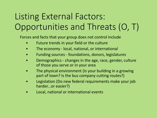 Listing External Factors:
Opportunities and Threats (O, T)
Forces and facts that your group does not control include
• Future trends in your field or the culture
• The economy - local, national, or international
• Funding sources - foundations, donors, legislatures
• Demographics - changes in the age, race, gender, culture
of those you serve or in your area
• The physical environment (Is your building in a growing
part of town? Is the bus company cutting routes?)
• Legislation (Do new federal requirements make your job
harder...or easier?)
• Local, national or international events
 