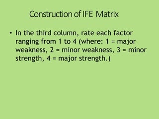 ConstructionofIFE Matrix
• In the third column, rate each factor
ranging from 1 to 4 (where: 1 = major
weakness, 2 = minor weakness, 3 = minor
strength, 4 = major strength.)
 