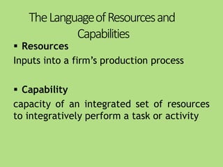 TheLanguageofResourcesand
Capabilities
 Resources
Inputs into a firm’s production process
 Capability
capacity of an integrated set of resources
to integratively perform a task or activity
 
