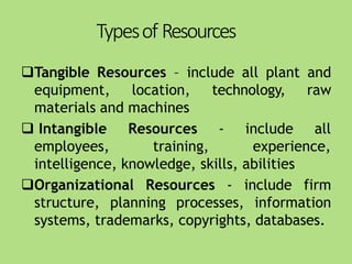 Typesof Resources
Tangible Resources – include all plant and
equipment, location, technology, raw
materials and machines
 Intangible
employees,
Resources - include all
training, experience,
intelligence, knowledge, skills, abilities
Organizational Resources - include firm
structure, planning processes, information
systems, trademarks, copyrights, databases.
 