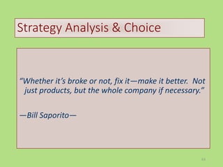 63
Strategy Analysis & Choice
“Whether it’s broke or not, fix it—make it better. Not
just products, but the whole company if necessary.”
—Bill Saporito—
 