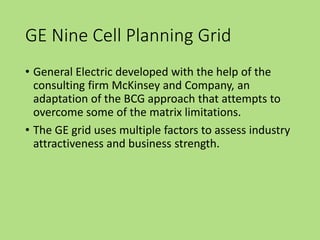 GE Nine Cell Planning Grid
• General Electric developed with the help of the
consulting firm McKinsey and Company, an
adaptation of the BCG approach that attempts to
overcome some of the matrix limitations.
• The GE grid uses multiple factors to assess industry
attractiveness and business strength.
 