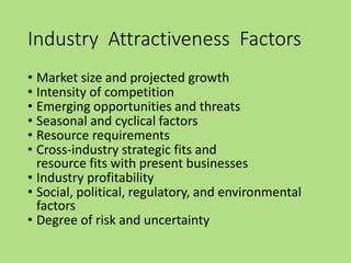 Industry Attractiveness Factors
• Market size and projected growth
• Intensity of competition
• Emerging opportunities and threats
• Seasonal and cyclical factors
• Resource requirements
• Cross-industry strategic fits and
resource fits with present businesses
• Industry profitability
• Social, political, regulatory, and environmental
factors
• Degree of risk and uncertainty
 