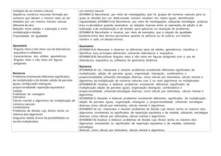 múltiplos de um número natural
Sequência numérica recursiva formada por
números que deixam o mesmo resto ao ser
divididos por um mesmo número natural
diferente de zero
Relações entre adição e subtração e entre
multiplicação e divisão
Propriedades da igualdade
Geometria
Ângulos retos e não retos: uso de dobraduras,
esquadros e softwares:
Características dos sólidos geométricos
Ângulos retos e não retos em figuras
poligonais
Números
Problemas envolvendo diferentes significados
da multiplicação e da divisão: adição de parcelas
iguais, configuração retangular,
proporcionalidade, repartição equitativa e
medida
Problemas de contagem:
Estimativa
Cálculo mental e algoritmos da multiplicação de
números naturais
Combinatória
Problemas de divisão cujo divisor tenha no
máximo dois algarismos
Diagrama, tabela, árvore de possibilidades ou
escrita multiplicativa
um número natural.
(EF04MA12) Reconhecer, por meio de investigações, que há grupos de números naturais para os
quais as divisões por um determinado número resultam em restos iguais, identificando
regularidades. (EF04MA13-A) Reconhecer, por meio de investigações, utilizando estratégias próprias
e/ou a calculadora quando necessário, as relações inversas entre as operações de adição e de
subtração e de multiplicação e de divisão, para aplicá-las na resolução de problemas.
(EF04MA14) Reconhecer e mostrar, por meio de exemplos, que a relação de igualdade
existente entre dois termos permanece quando se adiciona ou se subtrai, um mesmo
número a cada um desses termos.
Geometria
(EF04MA18-A) Manusear e observar os diferentes tipos de sólidos geométricos, classificar e
identificar seus principais elementos, utilizando dobraduras e esquadros.
(EF04MA18-B) Reconhecer ângulos retos e não retos em figuras poligonais com o uso de
dobraduras, esquadros ou softwares de geometria dinâmica.
Números
(EF04MA06-A) Ler, interpretar e resolver problemas envolvendo diferentes significados da
multiplicação: adição de parcelas iguais, organização retangular, combinatória e
proporcionalidade, utilizando estratégias diversas, como cálculo por estimativa, cálculo mental e
algoritmos da multiplicação de números naturais com 2 ou mais algoritmos no multiplicador.
(EF04MA06-B) Analisar e elaborar problemas envolvendo diferentes significados da
multiplicação: adição de parcelas iguais, organização retangular, combinatória e
proporcionalidade, utilizando estratégias diversas, como cálculo por estimativa, cálculo mental e
algoritmos.
(EF04MA06-C) Resolver e elaborar problemas envolvendo diferentes significados da multiplicação:
adição de parcelas iguais, organização retangular e proporcionalidade, utilizando estratégias
diversas, como cálculo por estimativa, cálculo mental e algoritmos.
(EF04MA07-A) Ler, interpretar e resolver problemas de divisão cujo divisor tenha no máximo dois
algarismos, envolvendo os significados de repartição equitativa e de medida, utilizando estratégias
diversas, como cálculo por estimativa, cálculo mental e algoritmos.
(EF04MA07-B) Analisar e elaborar problemas de divisão cujo divisor tenha no máximo dois
algarismos, envolvendo os significados de repartição equitativa e de medida, utilizando
estratégias
diversas, como cálculo por estimativa, cálculo mental e algoritmos.
 