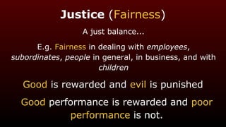 Justice (Fairness)
A just balance...
E.g. Fairness in dealing with employees,
subordinates, people in general, in business, and with
children
Good is rewarded and evil is punished
Good performance is rewarded and poor
performance is not.
 