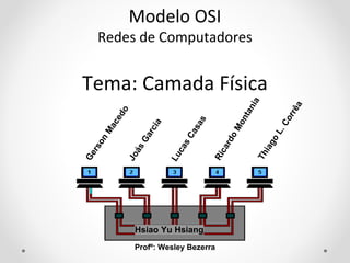 Modelo OSI 
Redes de Computadores 
Tema: Camada Física 
Gerson Macedo 
Joás Garcia 
Lucas Casas 
Ricardo Montania 
Profº: Wesley Bezerra 
Thiago L. Corrêa 
Hsiao Yu Hsiang 
 