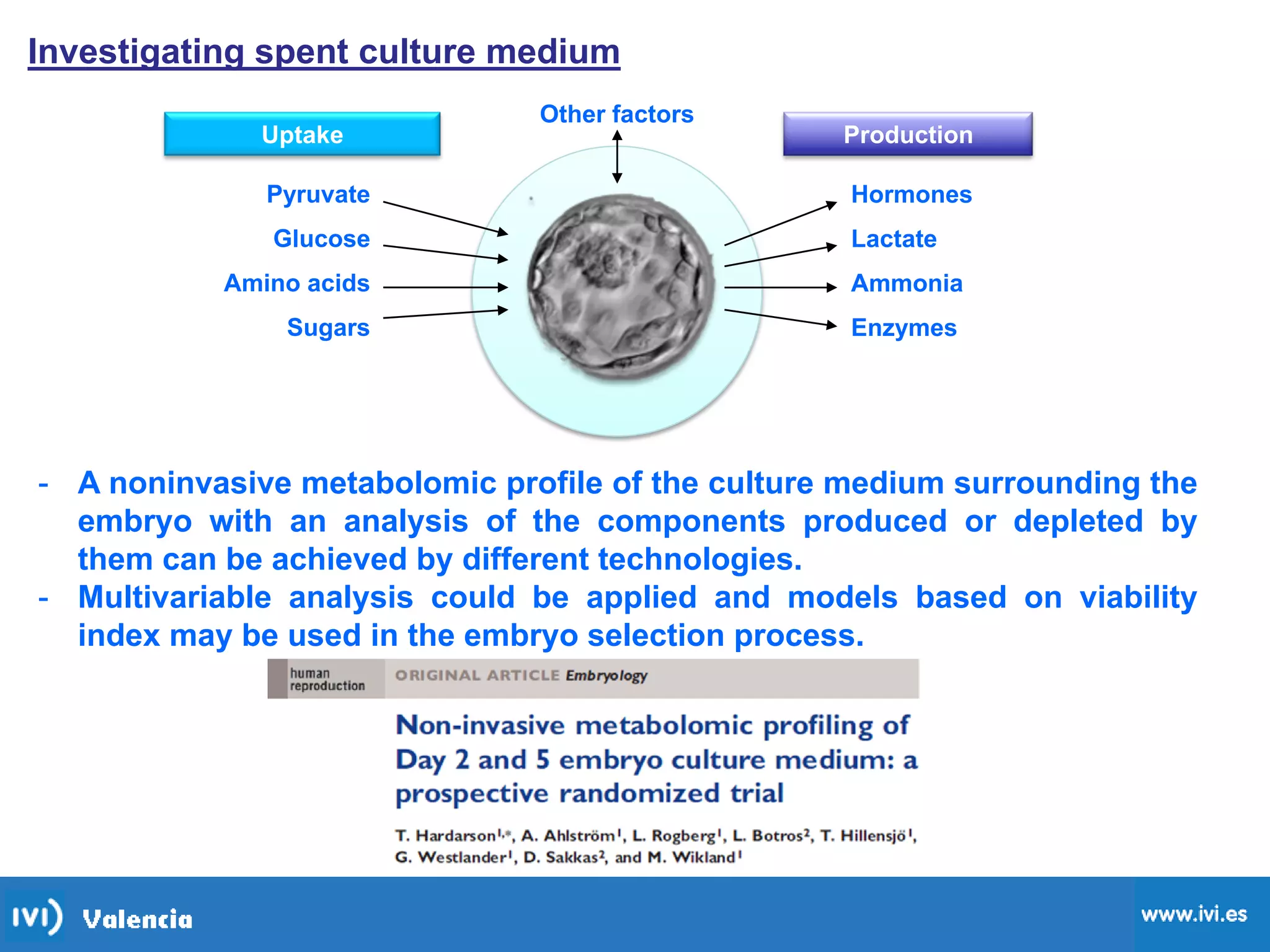 Investigating spent culture medium
Pyruvate
Glucose
Amino acids
Sugars
Uptake
Hormones
Lactate
Ammonia
Enzymes
Production
Other factors
- A noninvasive metabolomic profile of the culture medium surrounding the
embryo with an analysis of the components produced or depleted by
them can be achieved by different technologies.
- Multivariable analysis could be applied and models based on viability
index may be used in the embryo selection process.
 
