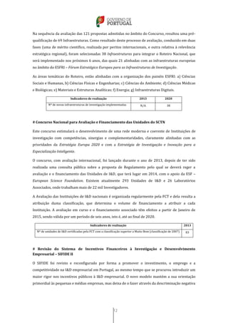 12
Na sequência da avaliação das 121 propostas admitidas no âmbito do Concurso, resultou uma pré-
qualificação de 69 Infraestruturas. Como resultado deste processo de avaliação, conduzido em duas
fases (uma de mérito científico, realizada por peritos internacionais, e outra relativa à relevância
estratégica regional), foram selecionadas 38 Infraestruturas para integrar o Roteiro Nacional, que
será implementado nos próximos 6 anos, das quais 21 alinhadas com as infraestruturas europeias
no âmbito do ESFRI – Fórum Estratégico Europeu para as Infraestruturas de Investigação.
As áreas temáticas do Roteiro, estão alinhadas com a organização dos painéis ESFRI: a) Ciências
Sociais e Humanas, b) Ciências Físicas e Engenharias; c) Ciências do Ambiente; d) Ciências Médicas
e Biológicas; e) Materiais e Estruturas Analíticas; f) Energia; g) Infraestruturas Digitais.
Indicadores de realização 2013 2020
Nº de novas infraestruturas de investigação implementadas N/A 38
# Concurso Nacional para Avaliação e Financiamento das Unidades do SCTN
Este concurso estimulará o desenvolvimento de uma rede moderna e coerente de Instituições de
investigação com competências, sinergias e complementaridades, claramente alinhadas com as
prioridades da Estratégia Europa 2020 e com a Estratégia de Investigação e Inovação para a
Especialização Inteligente.
O concurso, com avaliação internacional, foi lançado durante o ano de 2013, depois de ter sido
realizada uma consulta pública sobre a proposta de Regulamento pelo qual se deverá reger a
avaliação e o financiamento das Unidades de I&D, que terá lugar em 2014, com o apoio da ESF –
European Science Foundation. Existem atualmente 293 Unidades de I&D e 26 Laboratórios
Associados, onde trabalham mais de 22 mil Investigadores.
A Avaliação das Instituições de I&D nacionais é organizada regularmente pela FCT e dela resulta a
atribuição duma classificação, que determina o volume de financiamento a atribuir a cada
Instituição. A avaliação em curso e o financiamento associado têm efeitos a partir de Janeiro de
2015, sendo válida por um período de seis anos, isto é, até ao final de 2020.
Indicadores de realização 2013
Nº de unidades de I&D certificadas pela FCT com a classificação superior a Muito Bom (classificação de 2007) 83
# Revisão do Sistema de Incentivos Financeiros à Investigação e Desenvolvimento
Empresarial – SIFIDE II
O SIFIDE foi revisto e reconfigurado por forma a promover o investimento, o emprego e a
competitividade na I&D empresarial em Portugal, ao mesmo tempo que se procurou introduzir um
maior rigor nos incentivos públicos à I&D empresarial. O novo modelo mantém a sua orientação
primordial às pequenas e médias empresas, mas deixa de o fazer através da descriminação negativa
 