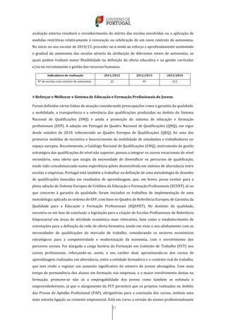 21
avaliação externa resultará o reconhecimento do mérito das escolas envolvidas ou a aplicação de
medidas restritivas relativamente à renovação ou celebração de um novo contrato de autonomia.
No início no ano escolar de 2014/15, proceder-se-á ainda ao reforço e aprofundamento sustentado
e gradual da autonomia das escolas através da atribuição de diferentes níveis de autonomia, os
quais podem traduzir maior flexibilidade na definição da oferta educativa e na gestão curricular
e/ou no recrutamento e gestão dos recursos humanos.
Indicadores de realização 2011/2012 2012/2013 2013/2014
Nº de escolas com contrato de autonomia 22 45 212
# Reforçar e Melhorar o Sistema de Educação e Formação Profissionais de Jovens
Foram definidas várias linhas de atuação considerando preocupações como a garantia da qualidade,
a mobilidade, a transparência e a relevância das qualificações produzidas no âmbito do Sistema
Nacional de Qualificações (SNQ) e ainda a promoção do sistema de educação e formação
profissionais (EFP). A adoção em Portugal do Quadro Nacional de Qualificações (QNQ), em vigor
desde outubro de 2010, referenciado ao Quadro Europeu de Qualificações (QEQ), foi uma das
primeiras medidas de incentivo e favorecimento da mobilidade de estudantes e trabalhadores no
espaço europeu. Recentemente, o Catálogo Nacional de Qualificações (CNQ), instrumento de gestão
estratégica das qualificações de nível não superior, passou a integrar os cursos vocacionais de nível
secundário, uma oferta que surgiu da necessidade de diversificar os percursos de qualificação,
tendo sido consubstanciada numa experiência-piloto desenvolvida em sistema de alternância entre
escolas e empresas. Portugal está também a trabalhar na definição de uma metodologia de desenho
de qualificações baseadas em resultados de aprendizagem, que, em breve, possa evoluir para a
plena adoção do Sistema Europeu de Créditos da Educação e Formação Profissionais (ECVET). Já no
que concerne à garantia da qualidade, foram iniciados os trabalhos de implementação de uma
metodologia aplicada ao sistema de EFP, com base no Quadro de Referência Europeu de Garantia da
Qualidade para a Educação e Formação Profissionais (EQAVET). No domínio da qualidade,
encontra-se em fase de conclusão a legislação para a criação de Escolas Profissionais de Referência
Empresarial em áreas de atividade económica mais relevantes, bem como o estabelecimento de
orientações para a definição da rede de oferta formativa, tendo em vista o seu alinhamento com as
necessidades de qualificações do mercado de trabalho, considerando os sectores económicos
estratégicos para a competitividade e modernização da economia, com o envolvimento dos
parceiros sociais. Foi alargada a carga horária da Formação em Contexto de Trabalho (FCT) nos
cursos profissionais, reforçando-se, assim, o seu caráter dual, aproximando-os dos cursos de
aprendizagem realizados em alternância, entre a entidade formadora e o contexto real de trabalho,
que tem vindo a registar um aumento significativo do número de jovens abrangidos. Com mais
tempo de permanência dos alunos em formação nas empresas, e o maior envolvimento destas na
formação, promove-se não só a empregabilidade dos jovens como também se estimula o
empreendedorismo, já que o alargamento da FCT permitirá que os projetos realizados no âmbito
das Provas de Aptidão Profissional (PAP), obrigatórias para a conclusão dos cursos, tenham uma
mais estreita ligação ao contexto empresarial. Está em curso a revisão do ensino profissionalizante
 