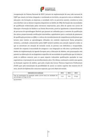 26
reorganização do Sistema Nacional de RVCC (através da implementação de uma rede nacional de
CQEP que atuará, de forma integrada e coordenada no território, em parceria com as entidades de
educação e da formação, as empresas, a sociedade civil e os parceiros sociais), constitui-se como
uma interface com as demais respostas disponíveis no âmbito do SNQ. Em função das necessidades
de qualificação evidenciadas pelas estruturas empresariais, para além da aposta nos cursos de
Educação e Formação de Adultos e no Ensino Recorrente, prevê-se igualmente o desenvolvimento
de percursos de aprendizagem flexíveis que possam ser utilizados para o aumento da qualificação
dos ativos, proporcionando certificações intermédias, capitalizáveis para a conclusão de patamares
de qualificação previstos no QNQ, e o reforço do reconhecimento de competências profissionais que
tornem mais visíveis as aprendizagens efetuadas em contexto empresarial. Numa perspetiva
inclusiva, a atividade a desenvolver pelos CQEP incluirá também uma atenção especial a todos os
que se encontram em situação de exclusão social, às pessoas com deficiência e incapacidade,
visando dar resposta à necessidade de assegurar a sua integração na vida ativa e profissional. No
âmbito da implementação da Agenda Europeia para a Educação de Adultos, esta preocupação está
patente na elaboração de um diagnóstico específico de necessidades de qualificação que irá abarcar
ainda os públicos seniores, para os quais importa redesenhar qualificações ajustadas às suas
expectativas e à promoção de um envelhecimento ativo. Por último, continuará a existir uma aposta
na formação superior de adultos, quer pela criação dos Cursos Técnicos Superiores Profissionais
(TeSP) quer pela manutenção da possibilidade de acesso ao ensino superior dos maiores de 23
anos, através do diploma dos concursos especiais, que será objeto de revisão.
Indicadores de realização 2011 2012 2013
Taxa de participação da população adulta (25-64 anos) em atividades de
aprendizagem ao longo da vida
11,6 10,6 9,9 (p)
(p) provisório
 