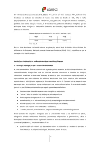 31
Os valores relativos aos anos de 2010, 2011 e 2012, tendo por base o ano de 2005, indicam uma
tendência de redução de emissões de Gases com Efeito de Estufa de -6%, -8% e -12%
respectivamente. A crise económica e financeira, que gerou uma redução da atividade económica,
justifica parte desta redução. Todavia, é de valorizar os ganhos em eficiência energética que se
traduzem numa redução da intensidade carbónica da economia, especialmente em matéria de
redução de emissões.
Tabela 6 – Redução das emissões de GEE, fora do CELE (ano base = 2005)
2010 2011 2012
- 6,0% - 8,0% - 12,0%
Fonte: APA, IP.
Face a esta tendência, e considerando-se as projeções verificadas no âmbito dos trabalhos de
elaboração do Programa Nacional para as Alterações Climáticas (PNAC 2020), considera-se que a
meta para 2020 será atingida.
Iniciativas Emblemáticas no Âmbito do Objectivo Clima/Energia
# Estratégia e Coligação para o Crescimento Verde
O crescimento verde está relacionado com a promoção da atividade da atividade económica e do
desenvolvimento, assegurando que os recursos naturais continuam a fornecer os serviços
ambientais essenciais ao bem-estar humano. A transição para o crescimento verde representa a
oportunidade para um conjunto de reformas estruturais, que possa implicar uma melhoria
significativa da eficiência na organização de atividades e atores. O Governo está a preparar uma
estratégia para o crescimento verde em Portugal, que assentará num plano de ação direcionado
para tirar partido das oportunidades que o país apresenta neste âmbito:
 Diversidade e abundância de recursos energéticos renováveis;
 Terceira posição mundial em ranking de política climática;
 Um dos países europeus mais ricos em biodiversidade;
 Grande evolução na infraestruturação: 95% acesso a água; 80% saneamento;
 Grande potencial nos recursos minerais metálicos (0,25% do PIB);
 Litoral com elevado valor ambiental e económico;
 Talentos, recursos, infraestruturas, empresas e instituições com elevado potencial.
Neste contexto foi lançada a Coligação para o Crescimento Verde (4 de fevereiro de 2014),
integrando setenta instituições nacionais (associações empresariais e profissionais; ONGs e
fundações; instituições do ensino superior e centros de I&D; sector bancário e financeiro; Estado e
Administração Pública), assumindo a Missão de:
 Refletir sobre os desafios do crescimento verde e aconselhar o Governo no desenho e
concretizaçao de projetos, estrategias, medidas e planos de açao;
 