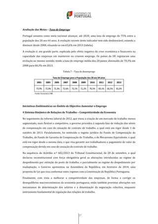 37
Avaliação das Metas – Taxa de Emprego
Portugal assumiu como meta nacional alcançar, até 2020, uma taxa de emprego de 75% entre a
população dos 20 aos 64 anos. A evolução recente deste indicador tem sido desfavorável, estando a
diminuir desde 2008, situando-se em 65,6% em 2013 (tabela).
A evolução é, em grande parte, explicada pelo efeito negativo da crise económica e financeira na
capacidade das empresas em manterem ou criarem emprego. Os países da UE registaram uma
evolução no mesmo sentido, tendo a taxa de emprego média dos 28 países diminuído de 70,3% em
2008 para 68,3% em 2013.
Tabela 7 – Taxa de desemprego
Iniciativas Emblemáticas no Âmbito do Objectivo Aumentar o Emprego
# Sistema Dinâmico de Relações de Trabalho – Competitividade da Economia
No seguimento da reforma laboral de 2012, que visou a criação de um mercado de trabalho menos
segmentado, mais flexível e competitivo, o governo procedeu à segunda fase de redução dos níveis
de compensação em caso de cessação de contrato de trabalho, a qual está em vigor desde 1 de
outubro de 2013. Paralelamente, foi instituído o regime jurídico do Fundo de Compensação do
Trabalho, do Fundo de Garantia de Compensação do Trabalho, e do Mecanismo Equivalente, o qual
está em vigor desde a mesma data, e que visa garantir aos trabalhadores o pagamento do valor da
compensação devida em caso de cessação do contrato de trabalho.
Na sequência do Acórdão n.º 602/2013 do Tribunal Constitucional, de 20 de setembro, o qual
declarou inconstitucional com força obrigatória geral as alterações introduzidas ao regime de
despedimento por extinção do posto de trabalho, e parcialmente ao regime do despedimento por
inadaptação, o Governo apresentou na Assembleia da República, em fevereiro de 2014, uma
proposta de Lei que visa conformar estes regimes com a Constituição da República Portuguesa.
Finalmente, com vista a melhorar a competitividade das empresas, de forma a corrigir os
desequilíbrios macroeconómicos da economia portuguesa, estão também previstas alterações nos
mecanismos de determinação dos salários e a dinamização da negociação colectiva, enquanto
instrumento fundamental de regulação das relações de trabalho.
2001 2003 2005 2007 2008 2009 2010 2011 2012 2013
73,9% 72,9% 72,3% 72,6% 73,1% 71,2% 70,5% 69,1% 66,5% 65,6%
Fonte: Eurostat e INE.
Taxa de Emprego para a População dos 20 aos 64 anos
 