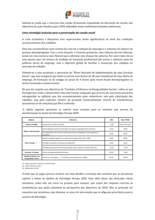 8
Saliente-se ainda que o Governo tem estado fortemente empenhado na discussão da revisão dos
objectivos de ação climática para 2030, defendido metas ambientais bastante ambiciosas.
Uma estratégia inclusiva para a preservação da coesão social
A crise económica e financeira teve repercussões muito significativas ao nível das condições
socioeconómicas dos cidadãos.
Uma das características mais visíveis da crise foi a redução do emprego e o aumento do número de
pessoas desempregadas. Face a esta situação, o Governo promoveu uma reforma das leis laborais,
tendo em vista torná-lo mais flexível para enfrentar este choque tão adverso. Por outro lado, fez-se
uma aposta quer em termos de medidas de formação profissional (de jovens e adultos) como de
políticas ativas de emprego, com o objectivo global de facilitar a reinserção dos cidadãos no
mercado de trabalho.
Saliente-se a este propósito a aprovação do “Plano Nacional de Implementação de uma Garantia
Jovem”, que visa assegurar que todos os jovens com menos de 30 anos beneficiam de uma oferta de
emprego, de formação ou de estágio no prazo de 4 meses após terem ficado desempregados ou
terem terminado o ensino formal.
No que diz respeito aos objectivos de “Combate à Pobreza e às Desigualdades Sociais”, refira-se que
Portugal tem vindo a desenvolver uma intervenção integrada, que procura de uma forma proactiva
salvaguardar os públicos que são economicamente mais vulneráveis, seja pela valorização dos
cidadãos, seja pelo aumento relativo da proteção (nomeadamente através de transferências
pecuniárias ou de isenções) que lhe é conferida.
A tabela seguinte apresenta os valores mais recentes para as variáveis que servem de
monitorização às metas da Estratégia Europa 2020:
O texto que se segue procura mostrar em mais detalhe a evolução das variáveis que se encontram
sujeitas a metas no âmbito da Estratégia Europa 2020. Para além disso, são elencadas várias
iniciativas, todas elas em curso ou prontas para avançar, que visam dar resposta concreta às
insuficiências que ainda subsistem na perspectiva dos objectivos de 2020. Não se pretende ser
exaustivo nas iniciativas, mas destacar os eixos de intervenção que se afiguram prioritários para o
sucesso da Estratégia.
Reforço da I&D&I Investimento em I&D em % do PIB 1,5%
(1)
Entre 2,7% e 3,3%
(2) – Dados referentes a 2012.
(1) – Dados provisórios, com base no IPCTN de 2012
Combate à Pobreza e às
Desigualdades Sociais
Pessoas em risco pobreza
(3)
/ exclusão social (variação face a 2008) -92 mil - 200 mil
Aumentar o Emprego Taxa de emprego (população 20-64 anos) 65,6% 75,0%
Clima / Energia
Emissões de Gases de Efeito de Estufa (variação % face a 2005 em emissões não CELE) -12,0%
(2)
+1,0%
Eficiência Energética (ganho % no consumo de energia primária face a 2005)
% Energias renováveis no consumo de energia final 24,6% 31,0%
Objetivo Indicadores 2013 Meta PT2020
24,6% 20,0%
Melhor e Mais Educação
Taxa de abandono precoce de educação e formação na população entre 18-24 anos 19,2% 10,0%
% de diplomados entre os 30 e os 34 anos que tenham completado o Ensino Superior ou
equivalente
29,2% 40,0%
(3) - Rendimentos de 2011
 