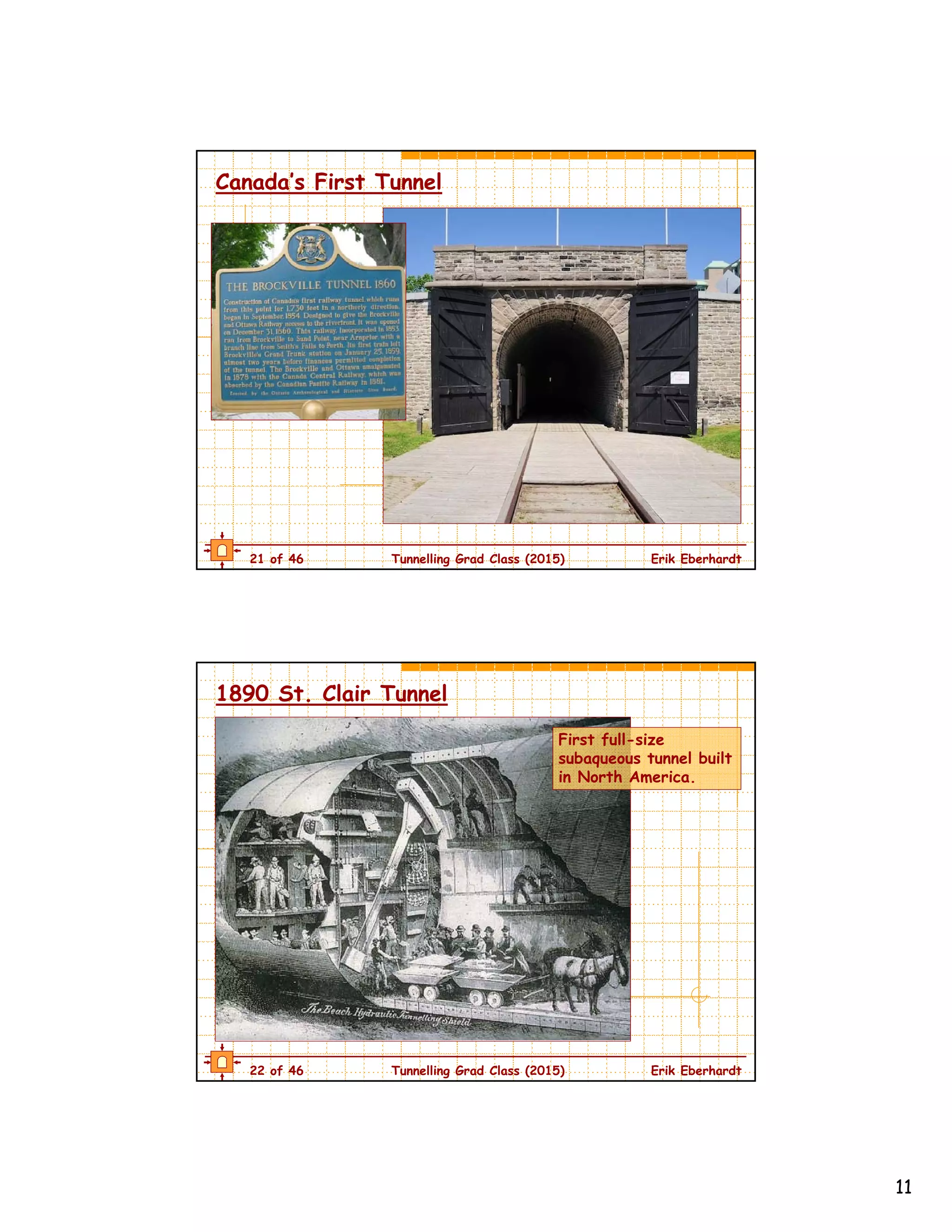 11
21 of 46 Tunnelling Grad Class (2015) Erik Eberhardt
Canada’s First Tunnel
22 of 46 Tunnelling Grad Class (2015) Erik Eberhardt
1890 St. Clair Tunnel
First full-size
subaqueous tunnel built
in North America.
 