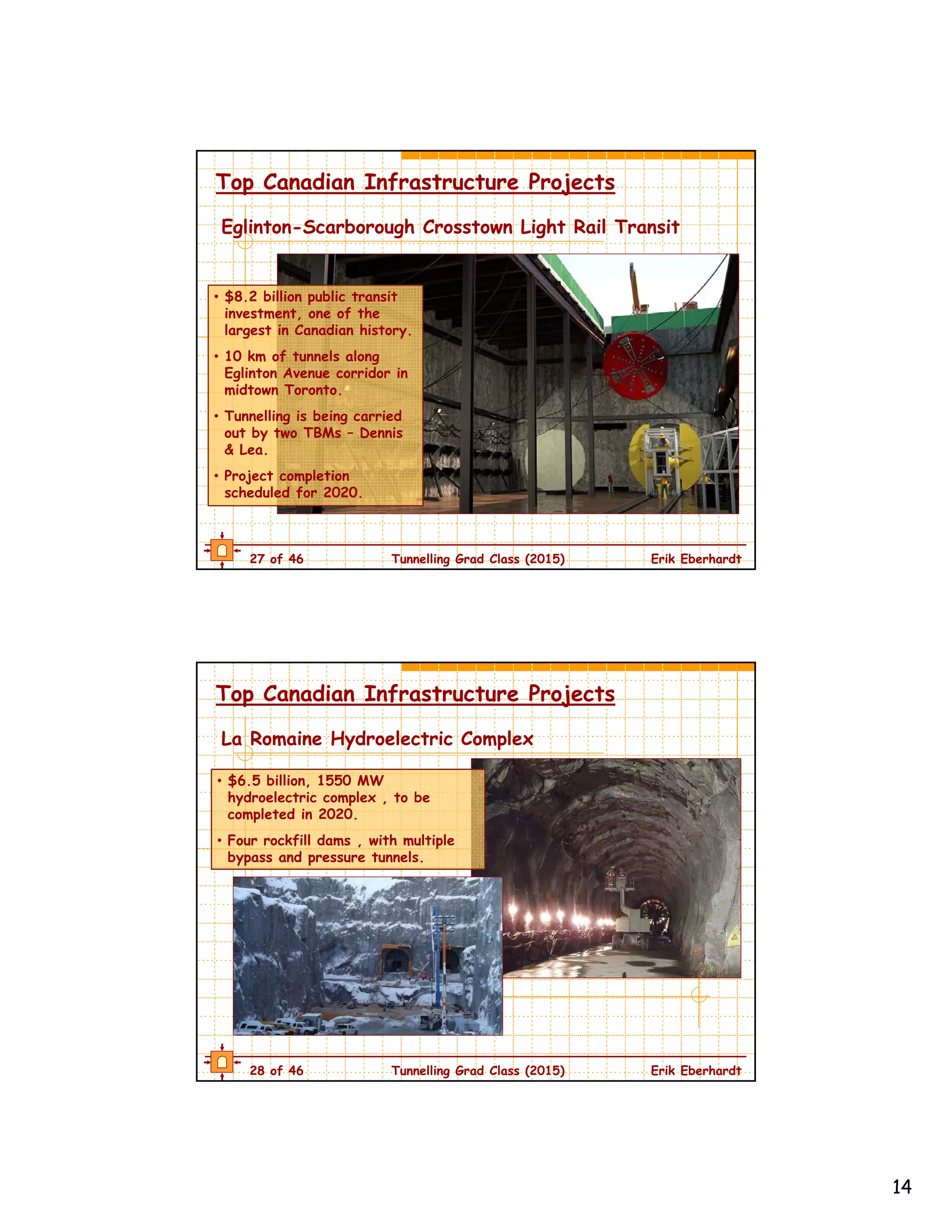14
27 of 46 Tunnelling Grad Class (2015) Erik Eberhardt
Eglinton-Scarborough Crosstown Light Rail Transit
• $8.2 billion public transit
investment, one of the
largest in Canadian history.
• 10 km of tunnels along
Eglinton Avenue corridor in
midtown Toronto.
• Tunnelling is being carried
out by two TBMs – Dennis
& Lea.
• Project completion
scheduled for 2020.
Top Canadian Infrastructure Projects
28 of 46 Tunnelling Grad Class (2015) Erik Eberhardt
La Romaine Hydroelectric Complex
• $6.5 billion, 1550 MW
hydroelectric complex , to be
completed in 2020.
• Four rockfill dams , with multiple
bypass and pressure tunnels.
Top Canadian Infrastructure Projects
 