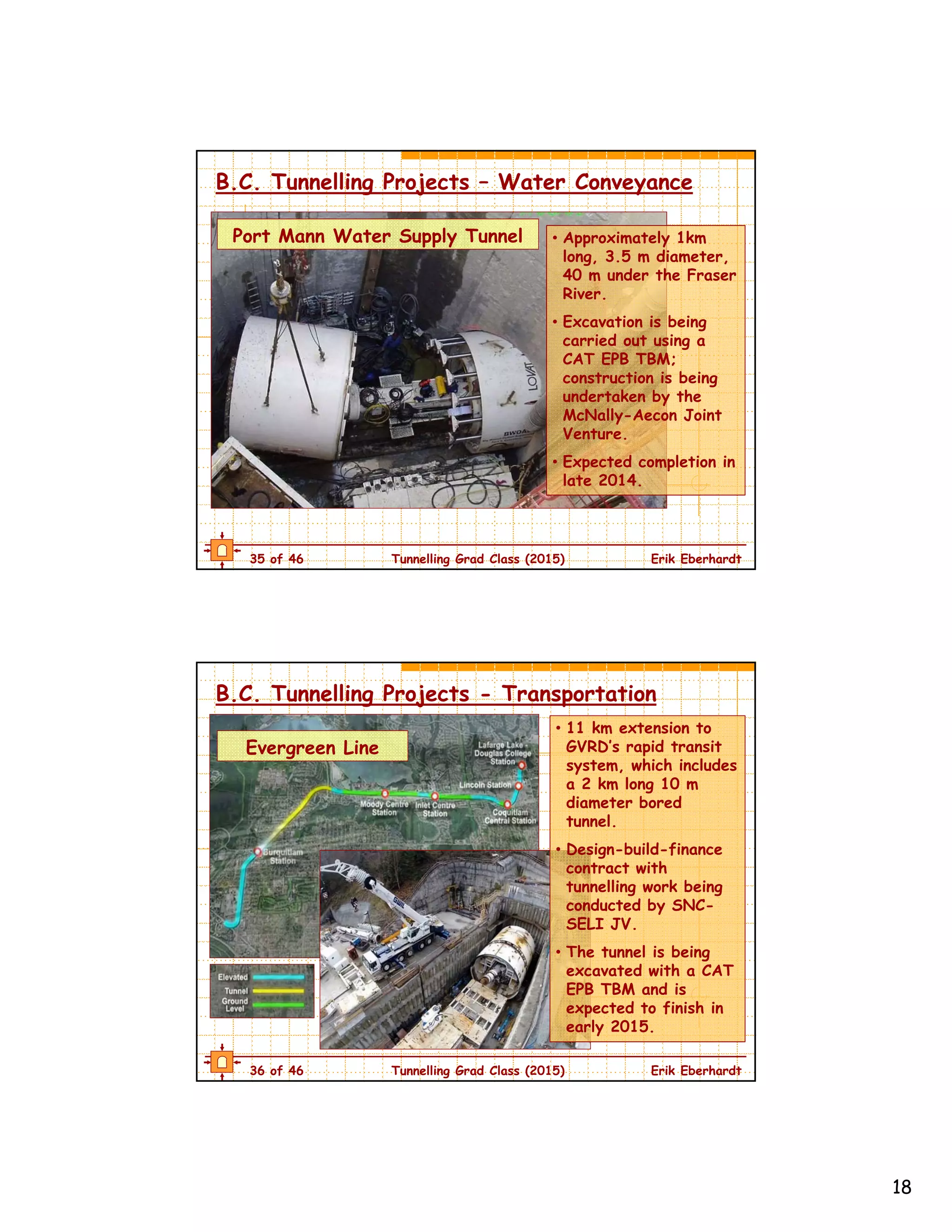 18
35 of 46 Tunnelling Grad Class (2015) Erik Eberhardt
Port Mann Water Supply Tunnel • Approximately 1km
long, 3.5 m diameter,
40 m under the Fraser
River.
• Excavation is being
carried out using a
CAT EPB TBM;
construction is being
undertaken by the
McNally-Aecon Joint
Venture.
• Expected completion in
late 2014.
B.C. Tunnelling Projects – Water Conveyance
36 of 46 Tunnelling Grad Class (2015) Erik Eberhardt
Evergreen Line
B.C. Tunnelling Projects - Transportation
• 11 km extension to
GVRD’s rapid transit
system, which includes
a 2 km long 10 m
diameter bored
tunnel.
• Design-build-finance
contract with
tunnelling work being
conducted by SNC-
SELI JV.
• The tunnel is being
excavated with a CAT
EPB TBM and is
expected to finish in
early 2015.
 