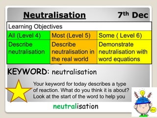 Neutralisation 7th Dec
Learning Objectives
All (Level 4) Most (Level 5) Some ( Level 6)
Describe
neutralisation
Describe
neutralisation in
the real world
Demonstrate
neutralisation with
word equations
KEYWORD: neutralisation
Your keyword for today describes a type
of reaction. What do you think it is about?
Look at the start of the word to help you
neutralisation
 