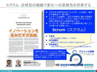 スクラム：自律型の組織で変化への柔軟性を担保する
53
 さまざまな専門性を持った人がチームを組み、最初
から最後まで一緒に働く。
 人とチームを重視し、彼らが自律的に働ける環境を
与えることでブレークスルーが起こりやすくなり、
同時に製品化までの時間が短くなる。
 リーダーは、自律するチームの障害を取り除くこと
が仕事であり管理しない。
日本で行われている
新製品開発のプロセスを
米国のやり方と比較した論文
1986,Harvard Business Review
Scrum（スクラム）
1990年代Jeff Sutherlandらが
ソフトウェア開発のに適用
アジャイル開発
 不安定
高い自由裁量と困難なゴールを持つ
 自己組織化
情報ゼロから相互交流し自律的に仕組みを作る
 全員多能工
分業を共有しメンバーがプロジェクトの責任を自覚する
イノベーションを
生みだす方法論
不確実な要素が多いソフトウェア開発にお
いて、フィードバックを得ながらより価値
の高いソフトウェアを提供するための方法
を体系的に整理したフレームワーク
 